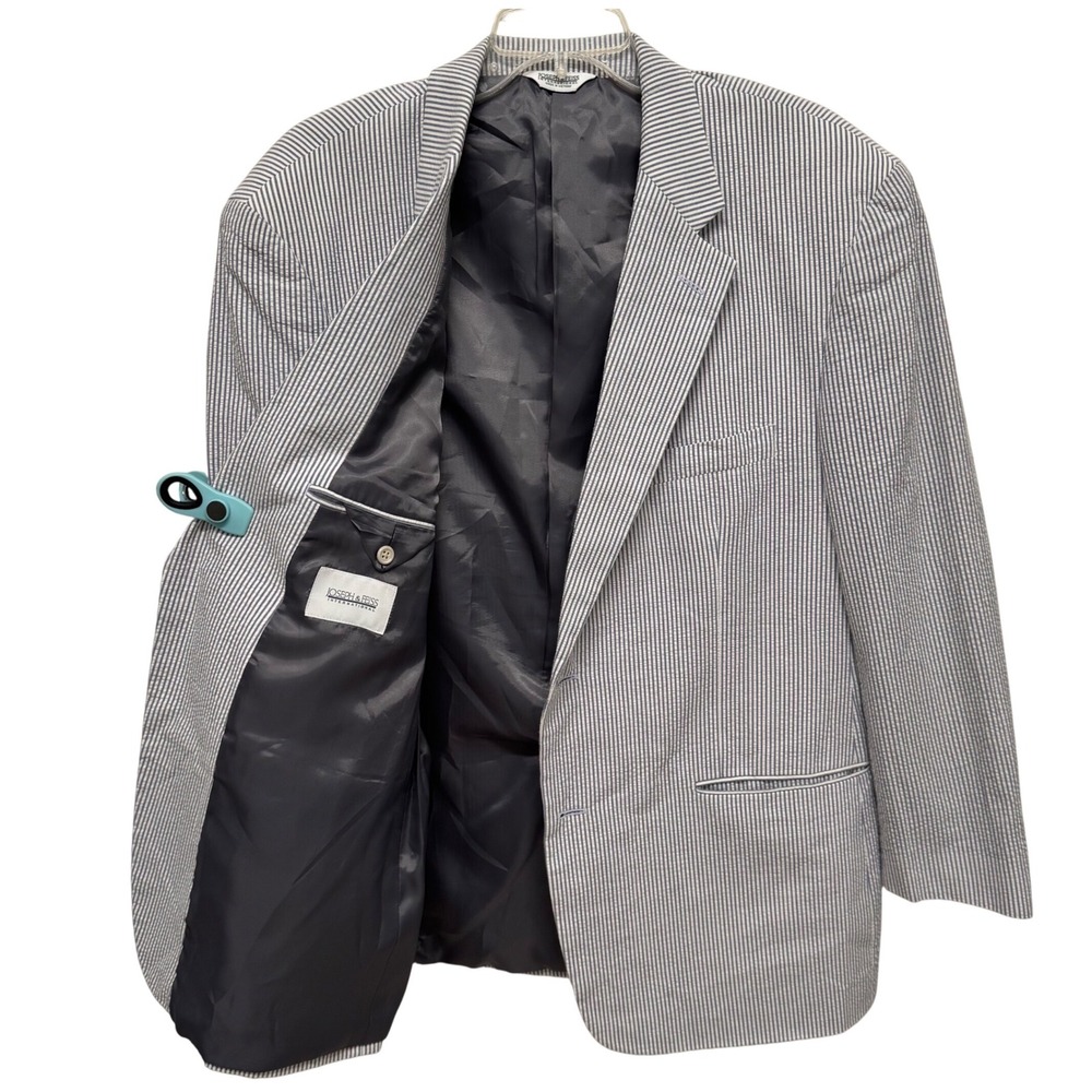 Joseph & Feiss Mens 46R Seersucker Blazer Blue White Striped Cotton Sport Coat